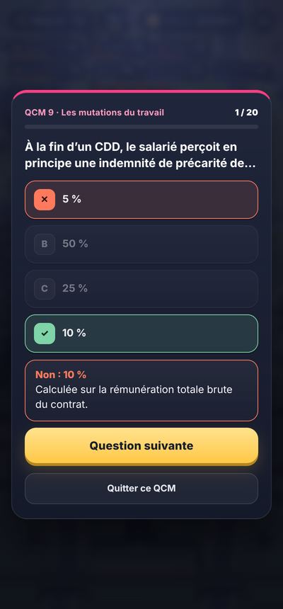 Une question de QCM corrigée dans le jeu