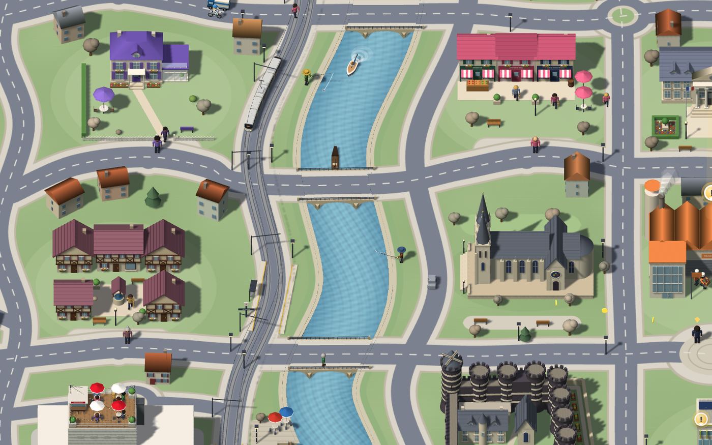 La ville en 3D du jeu CEJM-Le jeu, avec la rivière et les bâtiments des parties prenantes